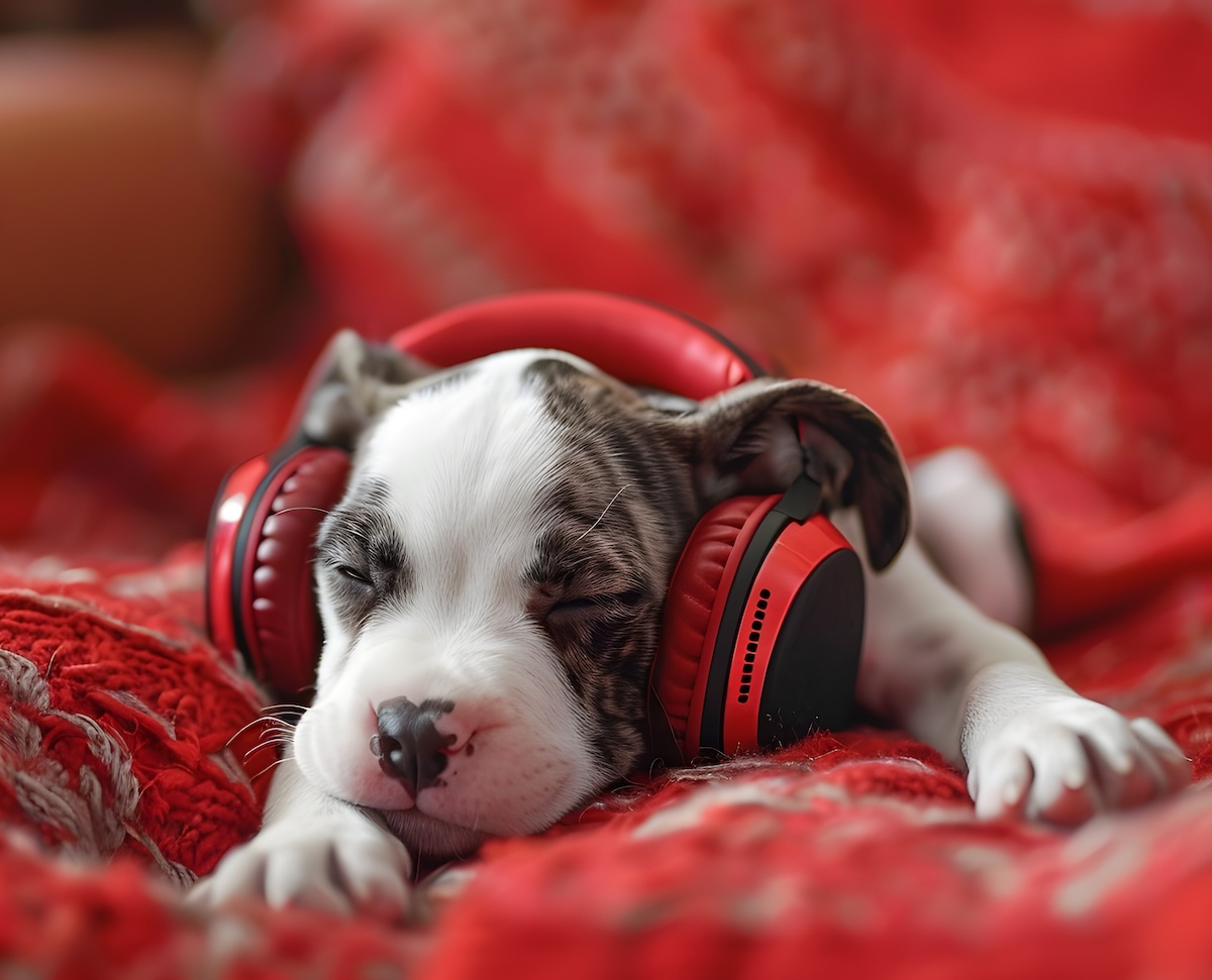 puppy relaxing listening to music on a headset