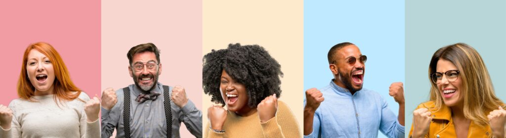 Excited group of people with colored square background